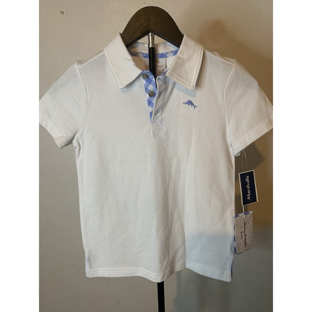 NWT Tommy Bahama Kids Boys White Polo Shirt Size 7 Blue Gingham Placket Marlin